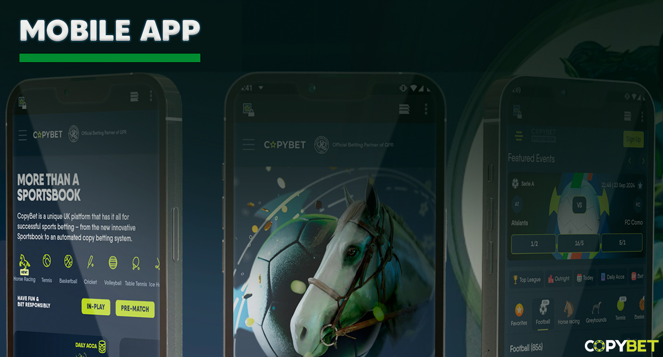 The CopyBet Mobile App interface, featuring sports betting options and a promotional banner with a horse and soccer ball.