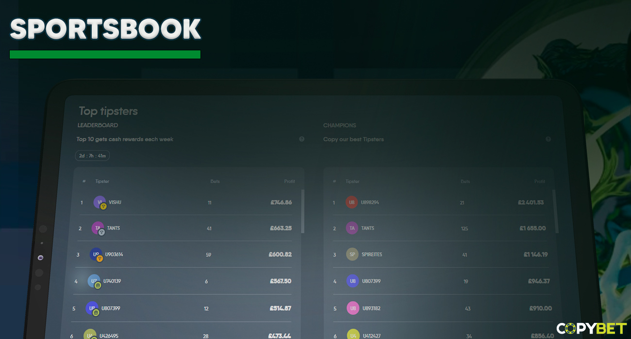 CopyBet site displays tipsters, their rankings, and winnings under the "SPORTSBOOK" banner